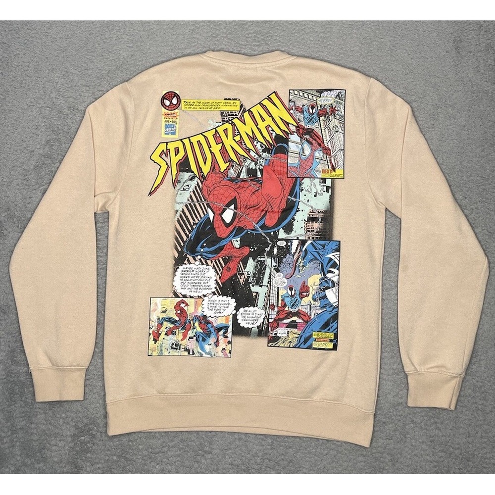 Marvel Spiderman Sweatshirt Men Medium Vintage Look Comic Book Page Tan Pullover